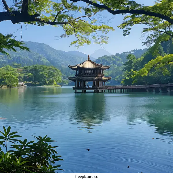 Beautiful Chinese Pavilion on a Lake Surrounded by Mountains