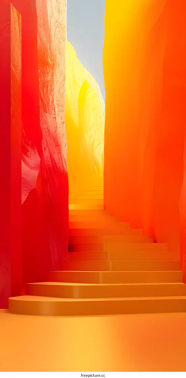 3D rendering of a staircase leading up to a glowing orange doorway