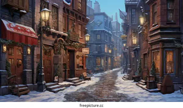 A snowy street in a European city with shops and pubs