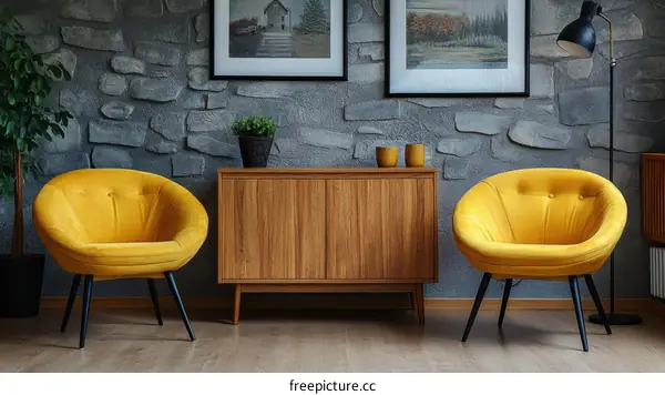Modern Living Room with Yellow Velvet Armchair