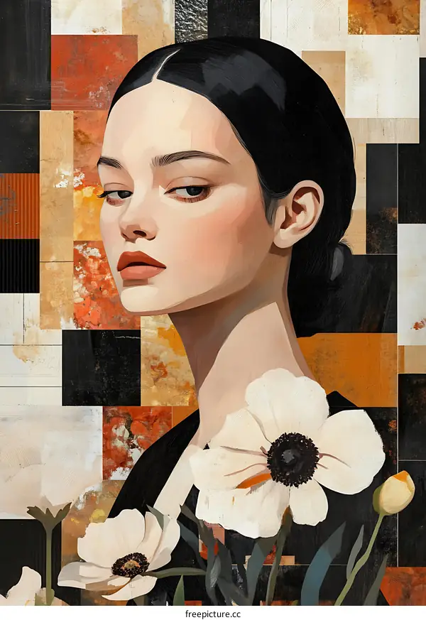 Woman With Flowers Portrait Art Painting