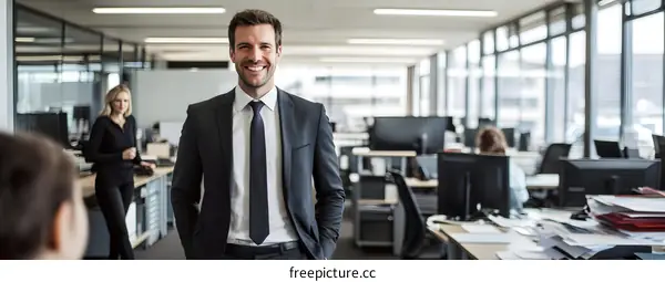 Smiling Businessman in Modern Office with Coworkers