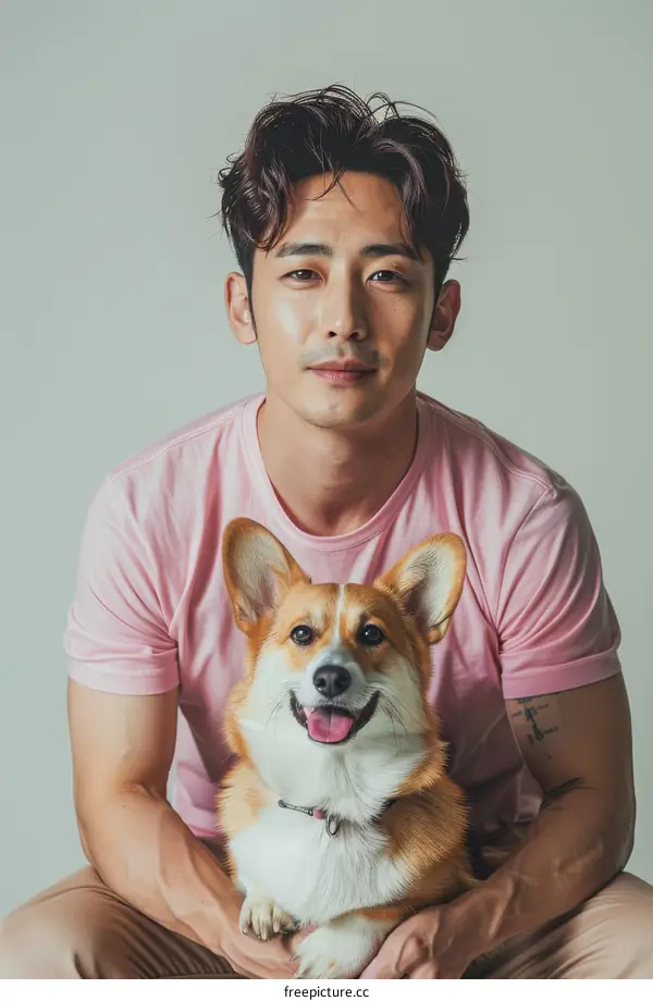 A handsome Asian man with a cute corgi dog