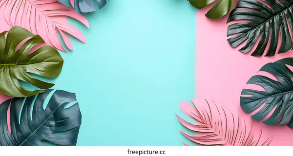 Tropical Leaves on a Pastel Pink and Blue Background