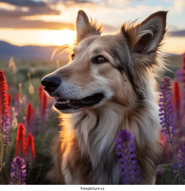 A golden collie dog in a field of red and purple flowers