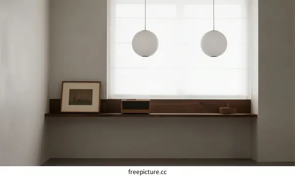 Minimalist Room Interior with White Ceiling Lamps and Wooden Shelf