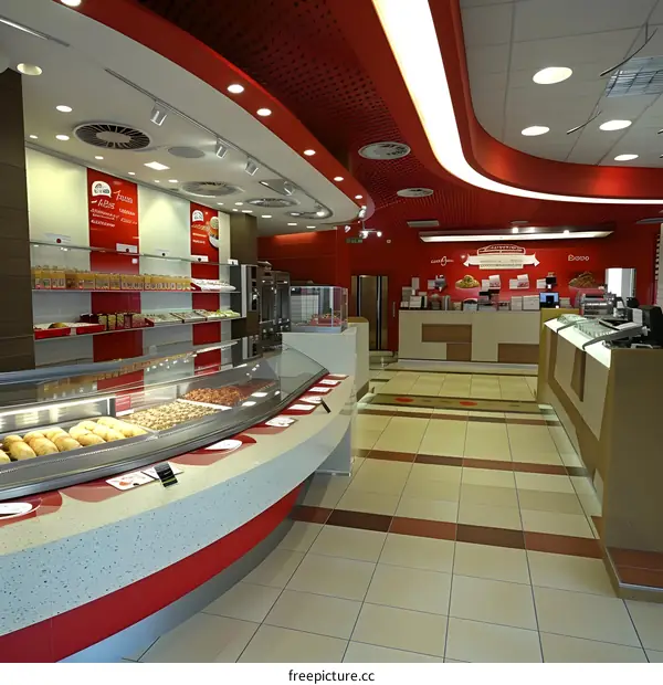 Modern Bakery Interior with Red and White Color Scheme
