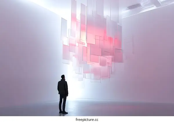 Man Looking at Geometric Installation in a White Room