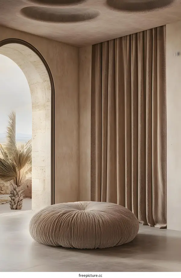 Minimalist Interior Design with Round Ottoman and Brown Curtains
