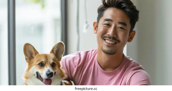 A smiling Asian man and his dog