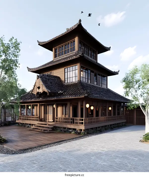 Traditional Japanese Style House with Wooden Structure and Curved Roof