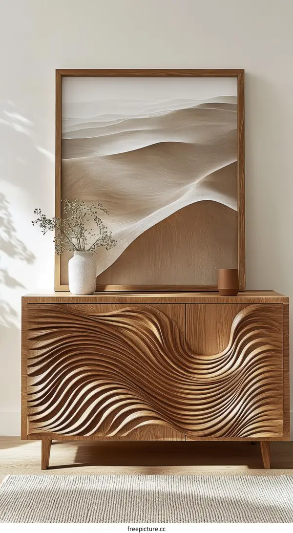 Modern Wood Cabinet with Abstract Desert Art
