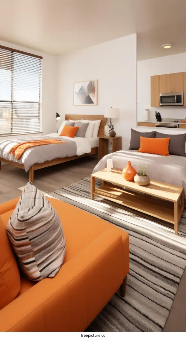 An open-concept studio apartment with a modern design