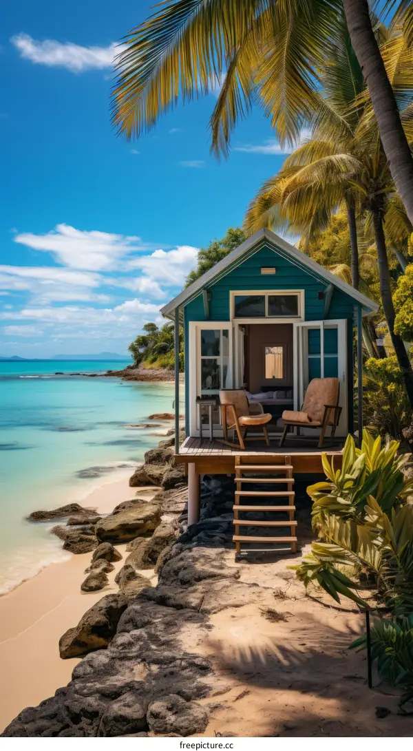 Beachfront house with palm trees