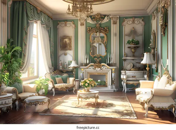 Luxury Living Room Interior Design With Green Walls And Gold Accents