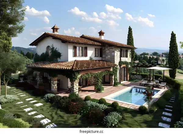 A luxurious mansion with a pool and a beautiful landscape