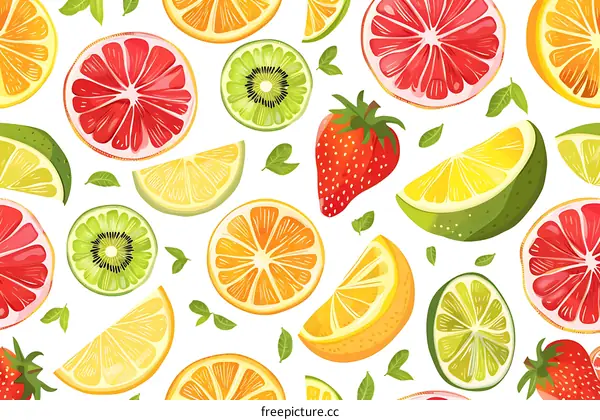 Fresh Fruit Seamless Pattern with Sliced Citrus and Kiwi