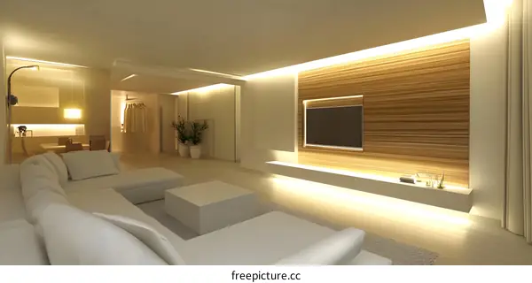 Modern Living Room Interior Design With White Sofa And Wooden Wall