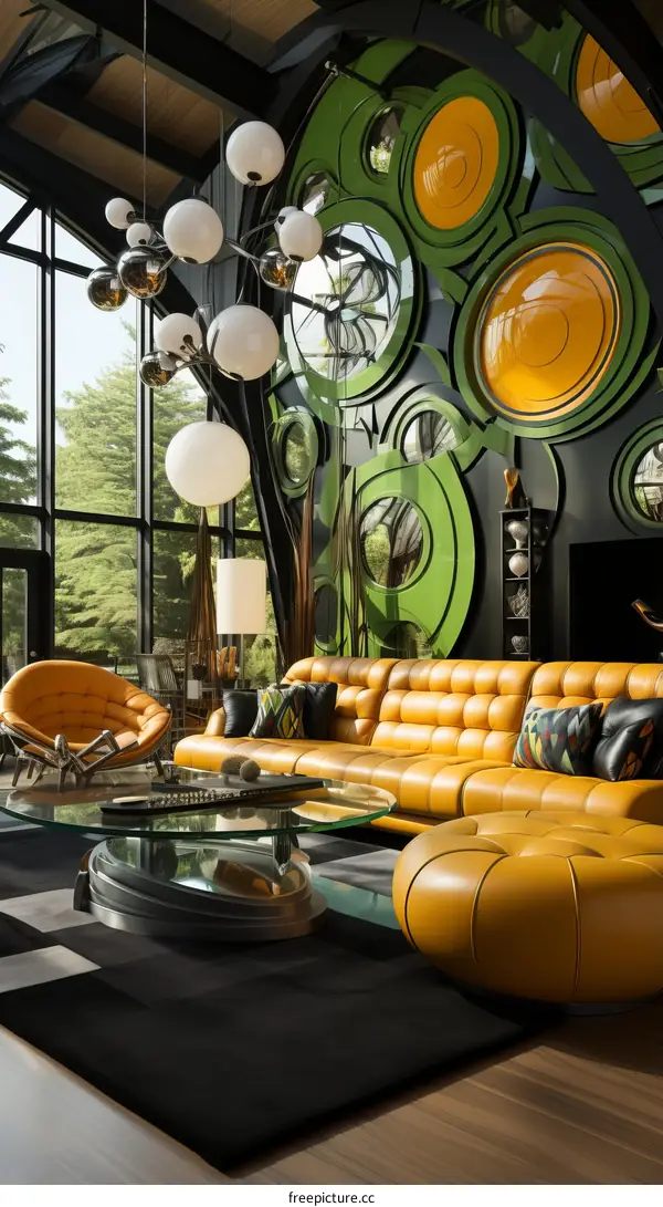 retro futuristic living room interior design