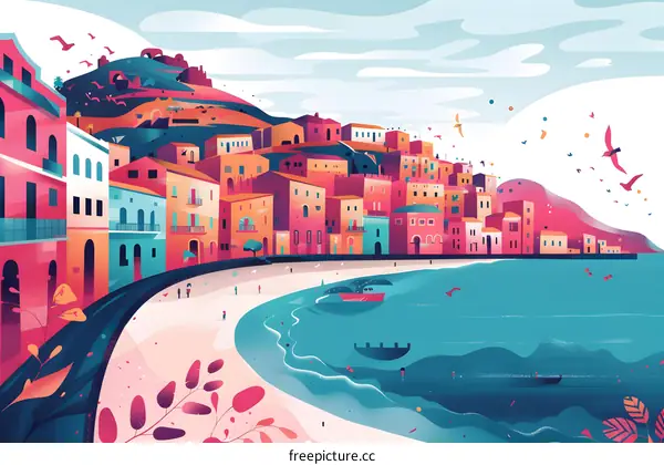 Colorful Illustration of a Town on a Hill by the Sea