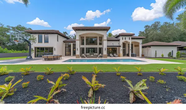 Luxury Home Exterior with Pool and Basketball Court