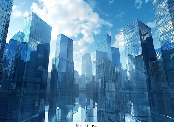 Modern Cityscape with Glass Skyscrapers Reflecting Blue Sky