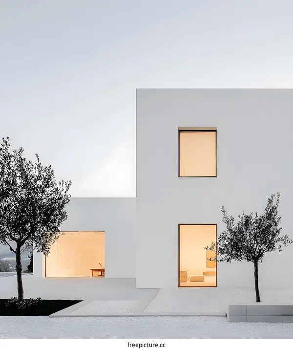 Minimalist Modern White House with Two Olive Trees