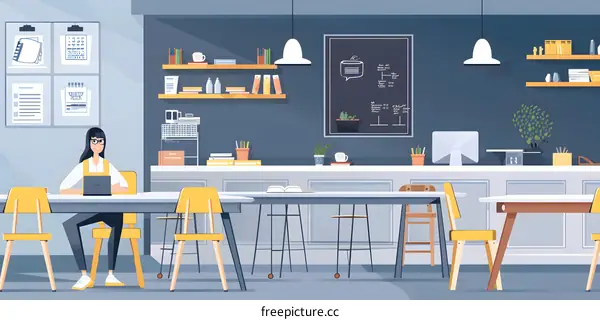 Woman Working on Laptop in a Cafe Interior Illustration