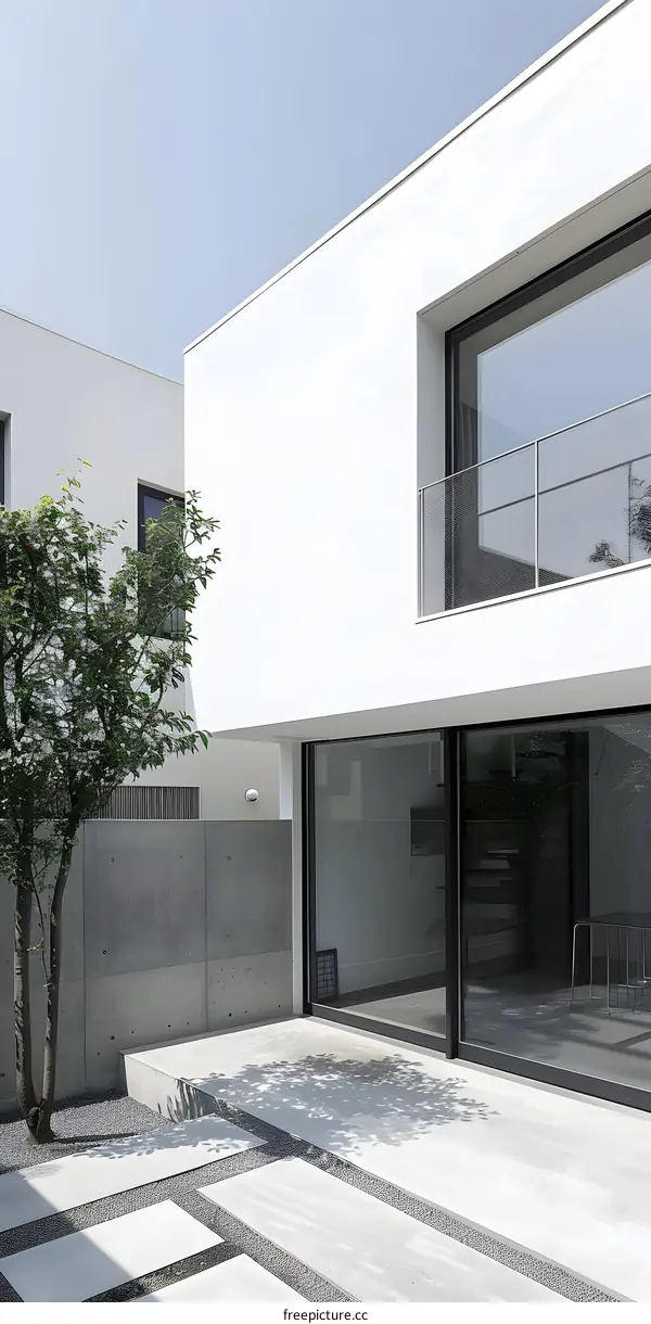 Modern Minimalist House Exterior with Concrete Patio and Greenery