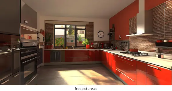 Modern Red Kitchen Interior Design With Brick Wall