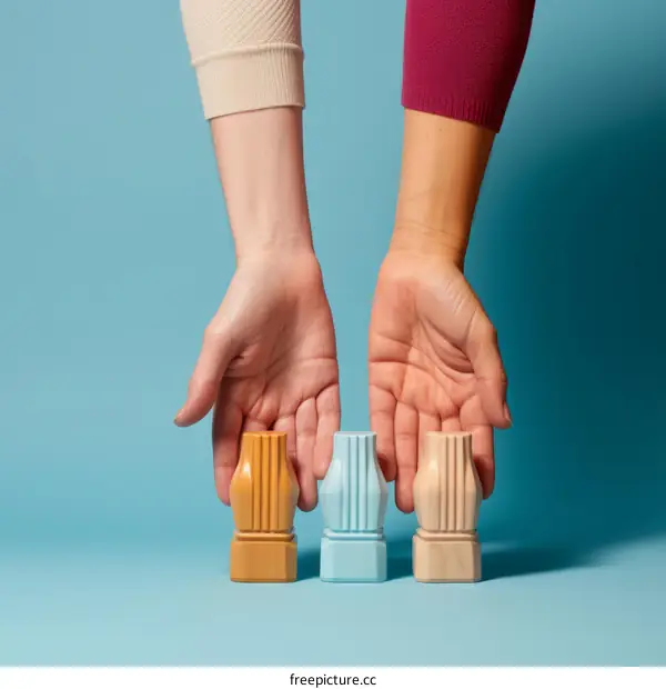 Three people holding three different colored wooden table legs