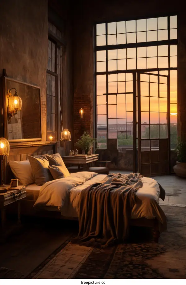Cozy Bedroom with City Sunset View