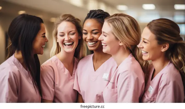 A group of diverse nurses laughing together in a hospital hallway