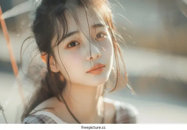 Closeup Portrait of Young Asian Woman with Brown Hair