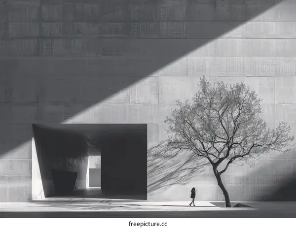 Woman walking alone in a large concrete courtyard