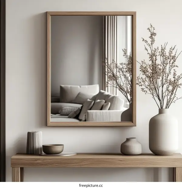 Modern Minimalist Entryway with Wooden Console Table and Mirror