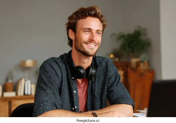 Smiling Caucasian Man Working From Home