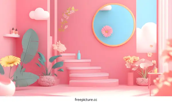 Pink Pastel 3D Rendered Room With Stairs And Flowers