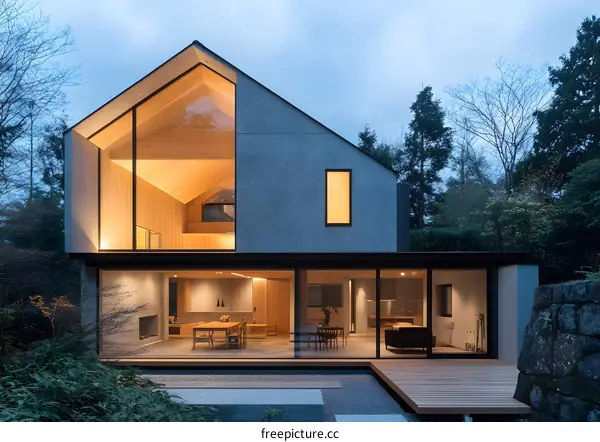 Modern Concrete House with Large Windows and Wooden Deck