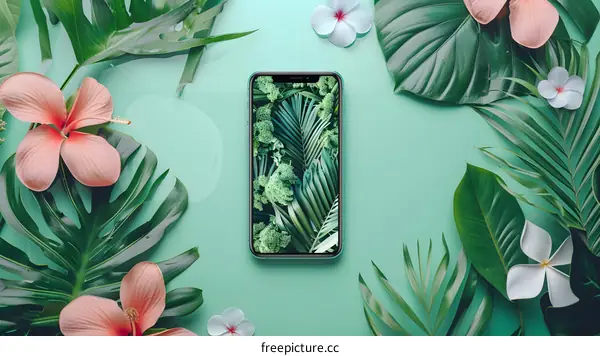 Tropical Leaves and Flowers Around Smartphone