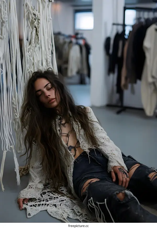 Fashion Model Posing in a White Lace Outfit