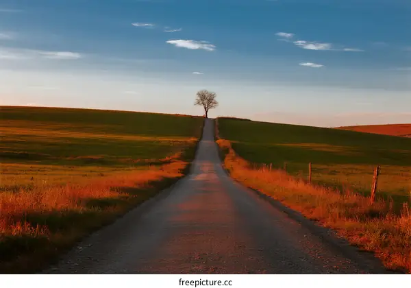 A lone tree standing at the end of a long rural road under a clear sky