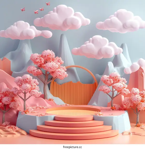 Pink and blue 3D landscape with pink trees and mountains