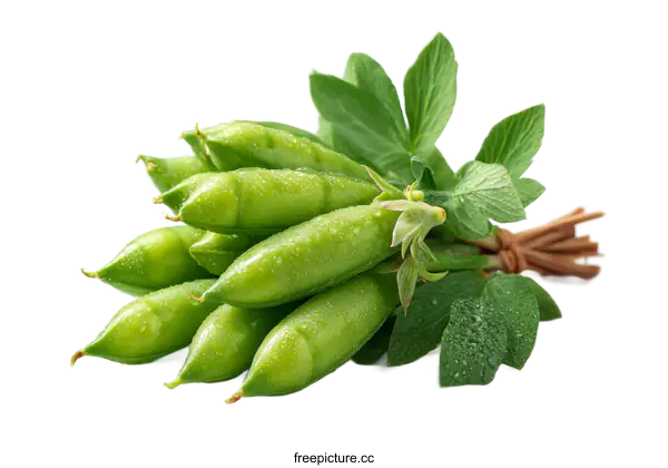 [Transparent Background PNG]Fresh Green Peas with Dew Drops and Leaves