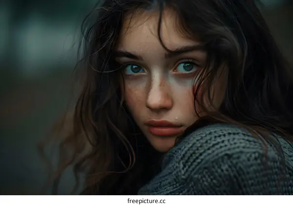 Portrait of a Young Woman with Freckles and Blue Eyes