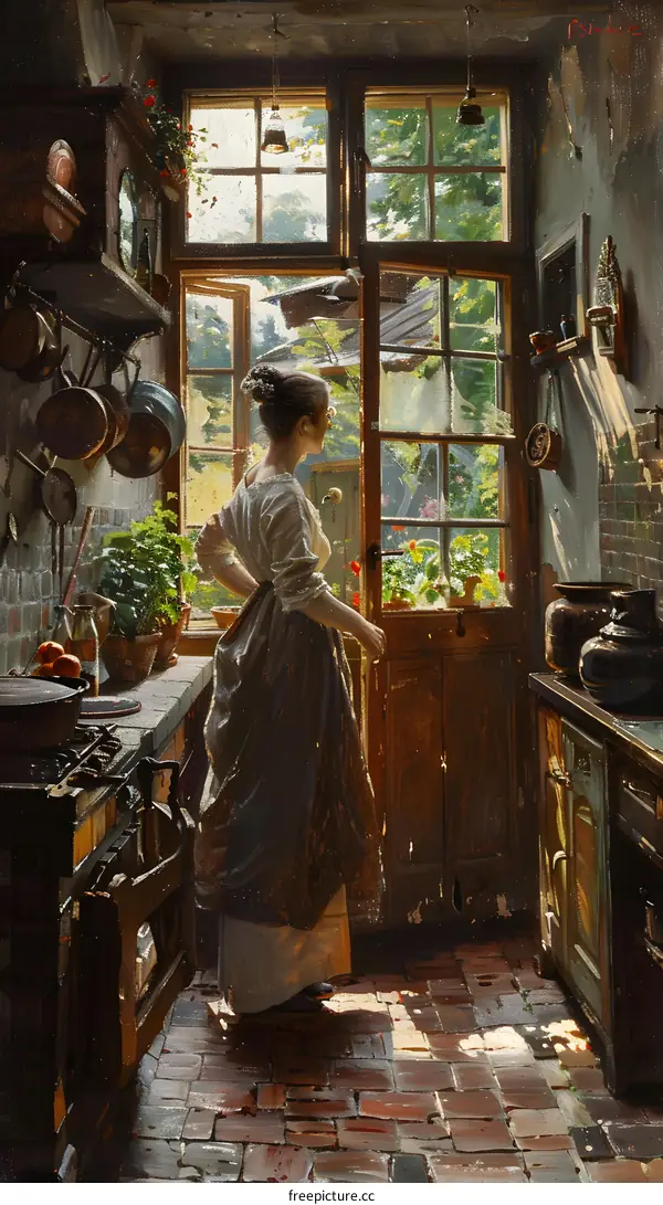 A woman standing in a kitchen looking out the window