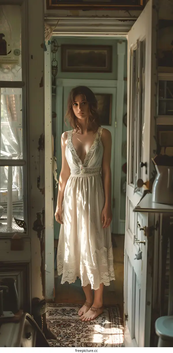 A barefoot woman standing in a doorway