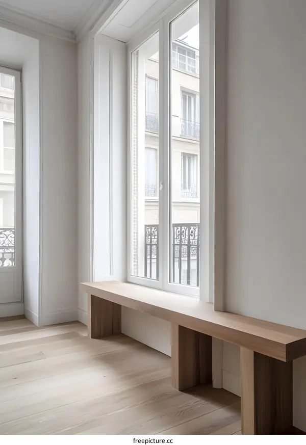 Modern Wooden Window Seat in White Room with View of City