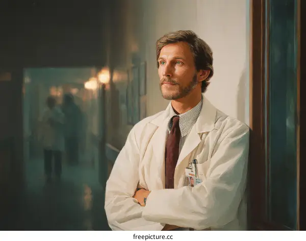 Caucasian Male Doctor in Hospital Corridor