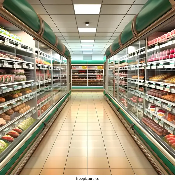 Empty Supermarket Aisle with Refrigerated Food Display